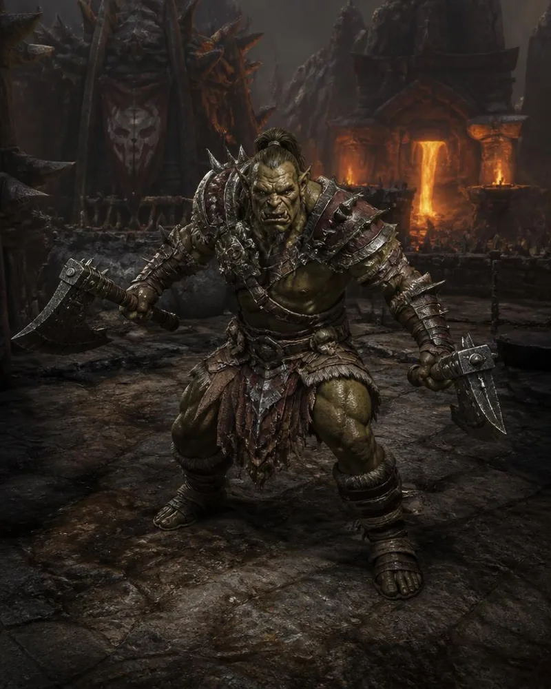 Berserker orc de Kar'Zhul com um machado de guerra em cada mão diante da forja vulcânica