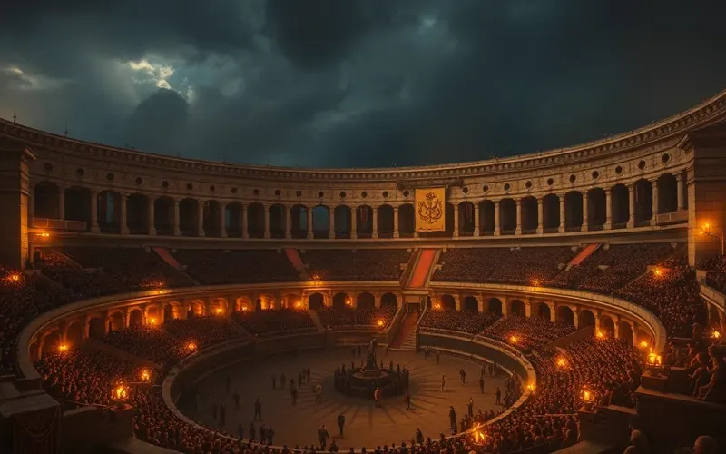 Coliseu de Aldoron ao entardecer, arena principal dos Humanos em Valtheron