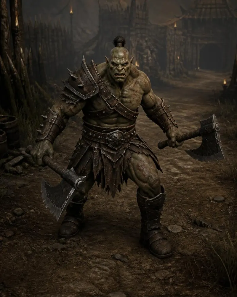 Berserker orc com dois machados de guerra em aldeia tribal ao anoitecer