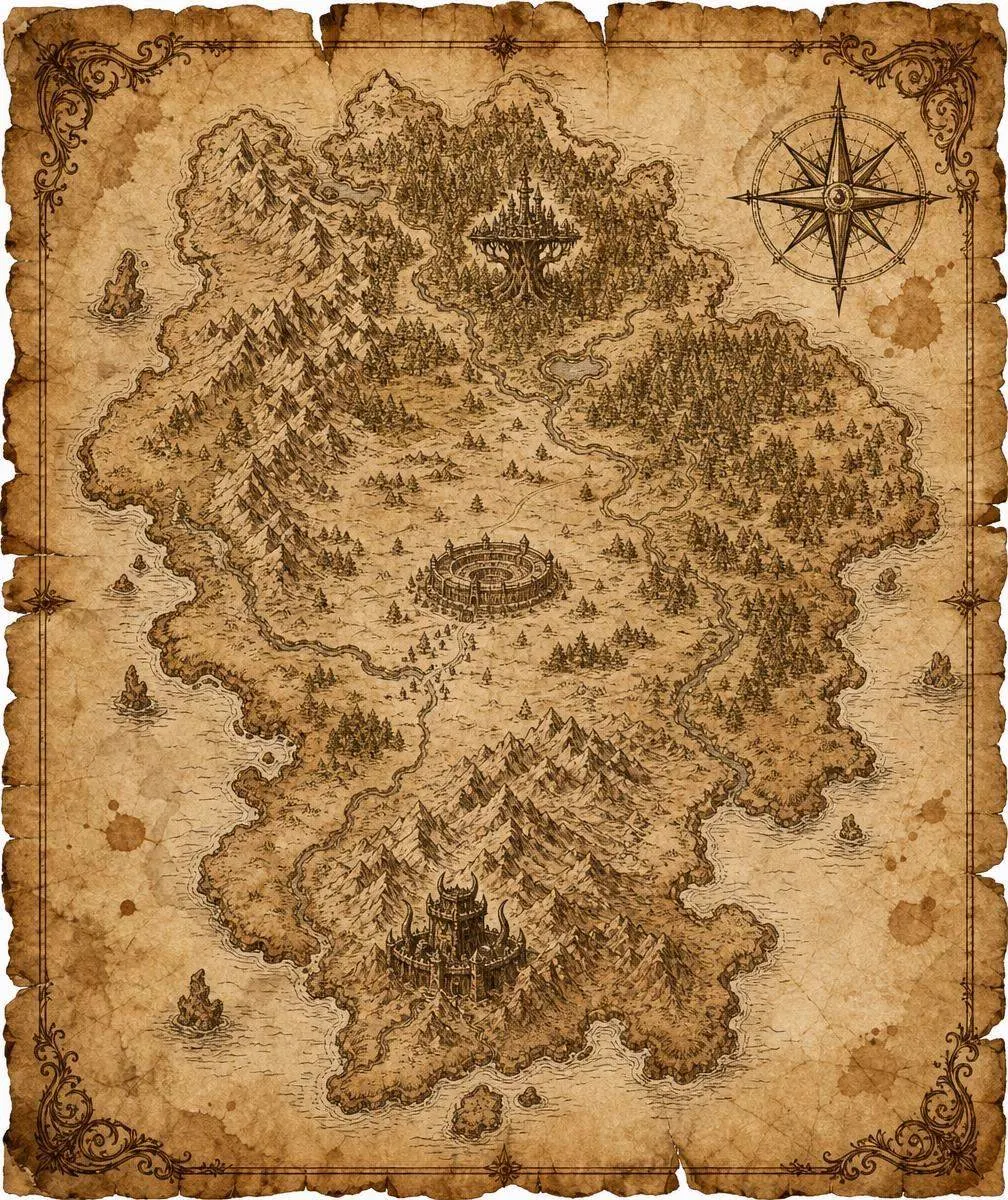 Mapa ilustrado do continente de Valtheron com as três cidades das raças