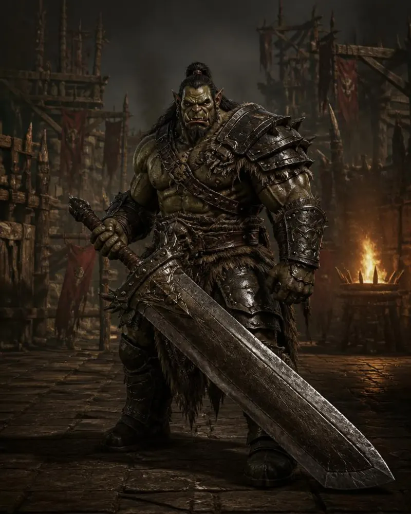 Colosso orc em armadura pesada empunhando espadão colossal em fortaleza tribal
