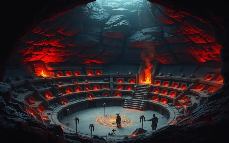 Arena orc entalhada na rocha das montanhas do sul