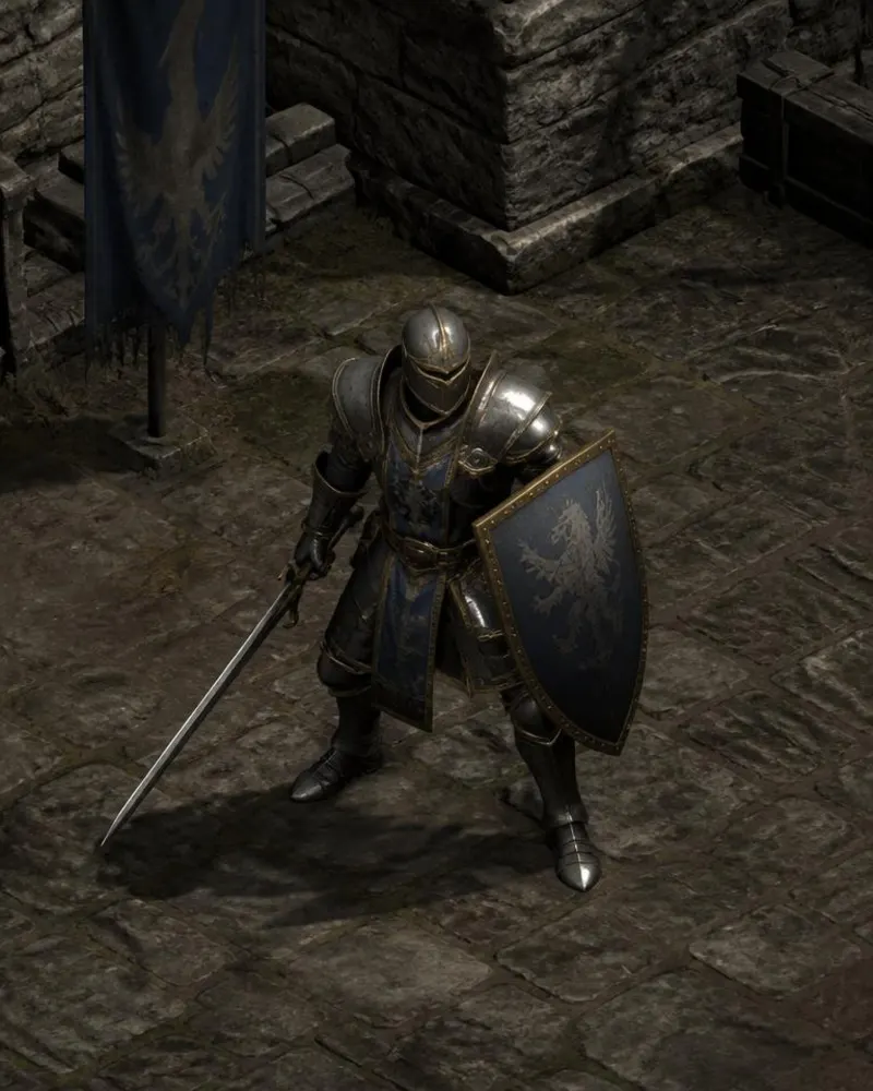 Guardião humano de Aldoron em armadura de placas com espada longa e escudo brasonado