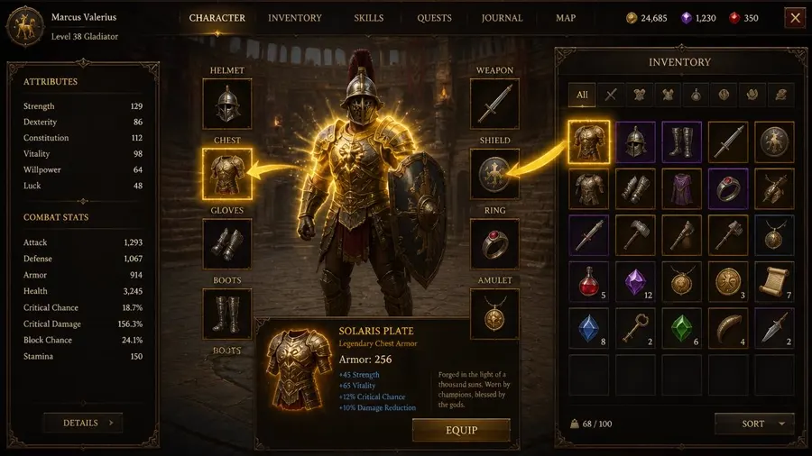 Slots de equipamento visual: elmo, peitoral, manto, arma e escudo