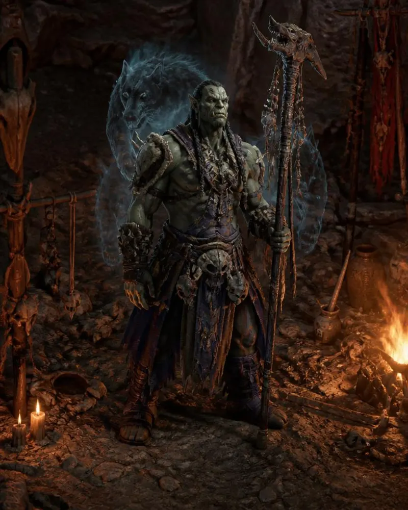 Xamã orc com totem ancestral e espírito de lobo em acampamento ritual