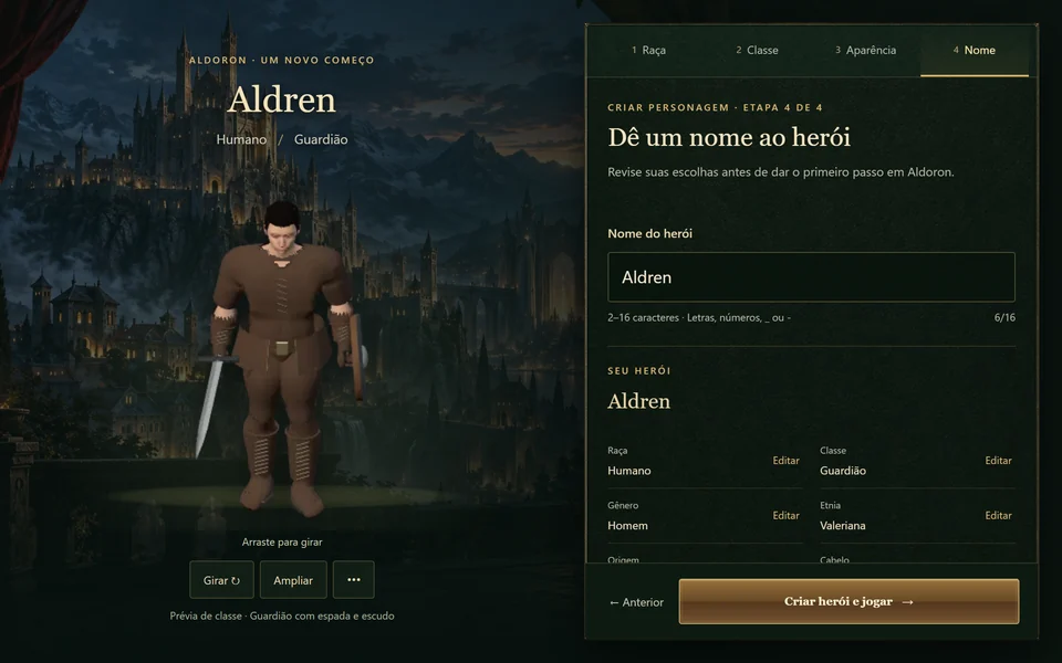 Actual hero review screen showing the chosen name, class and appearance