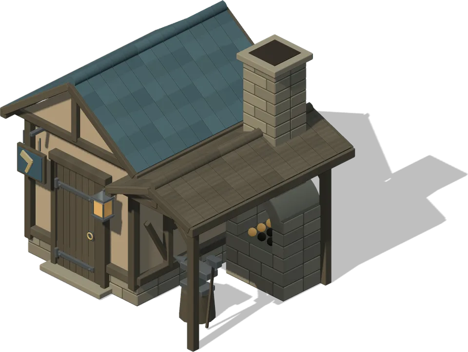 Valtheron forge with a blue roof, chimney and anvil