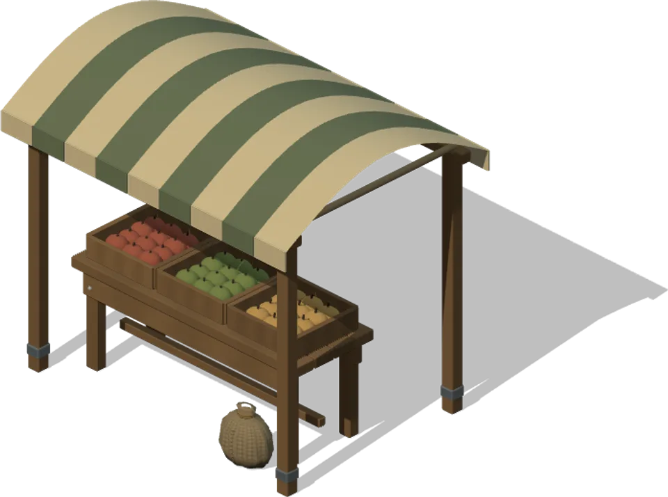 Trading stall with a striped awning used in the game world