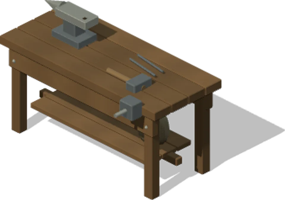Wooden workbench with tools used as a decoration in the game